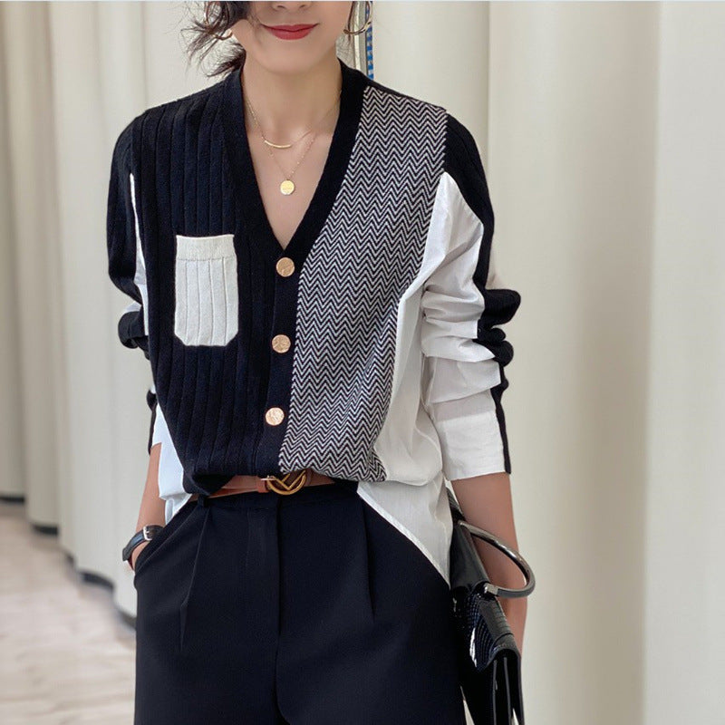 Irregular Shirt Stitching Knitted Cardigan