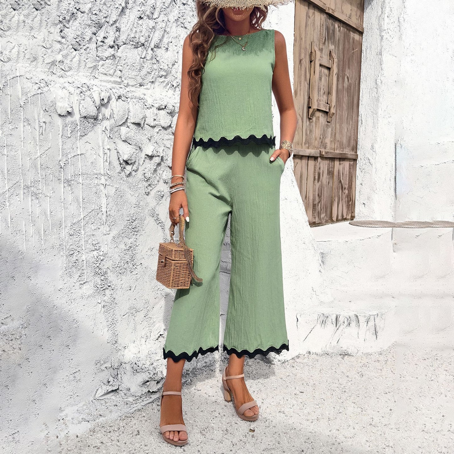 Summer Wave Print Suit Sleeveless Top And Straight Trousers