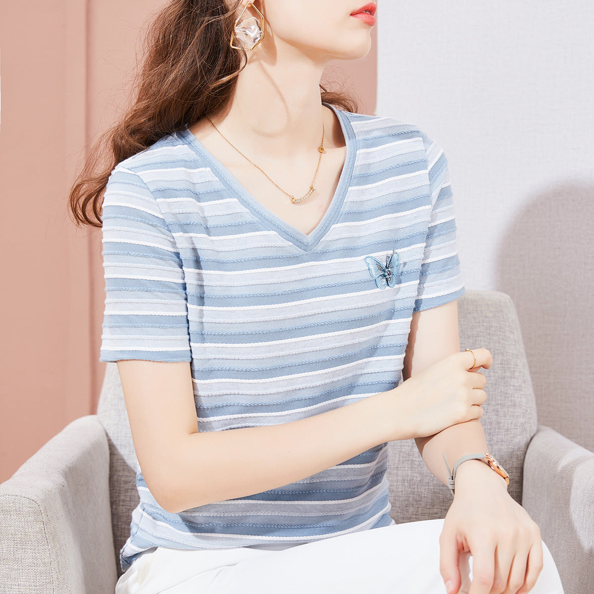 Striped T-shirt Round Neck