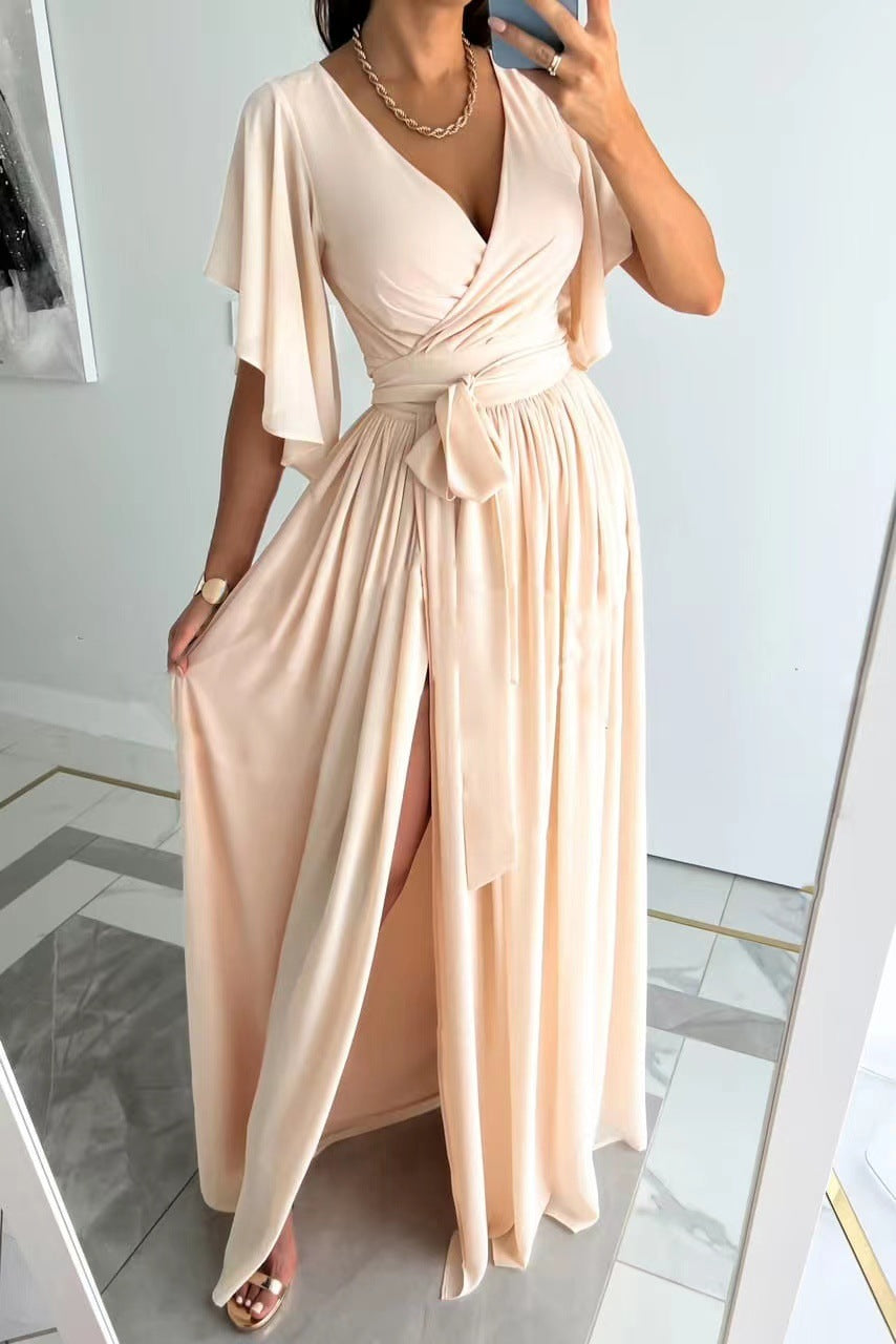 Solid Color Loose V-neck Mop Dress