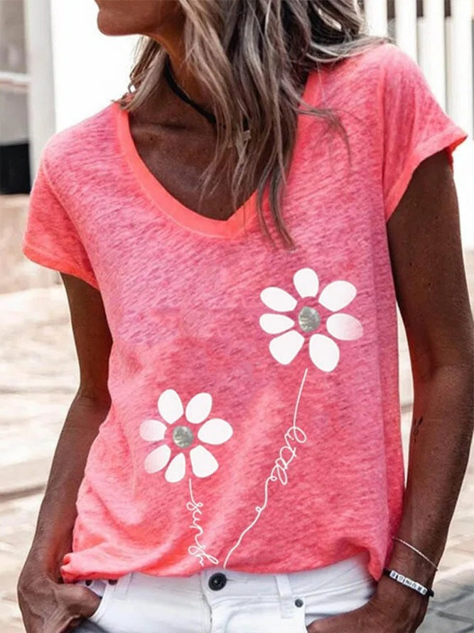 Printed V-neck Short-sleeved T-shirt