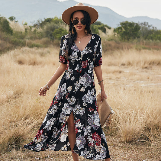 Floral Summer Beach Dress With V Neck