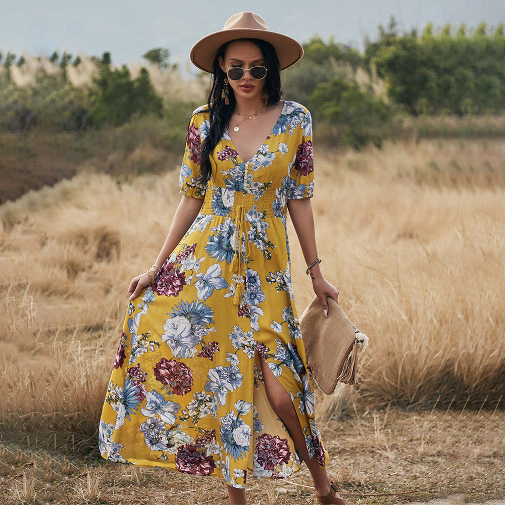 Floral Summer Beach Dress With V Neck