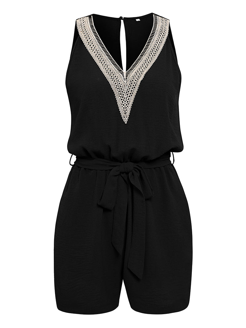 Casual Jumpsuit Lace V-neck Sleeveless Tops Tie-up Shorts Summer Beach Clothes