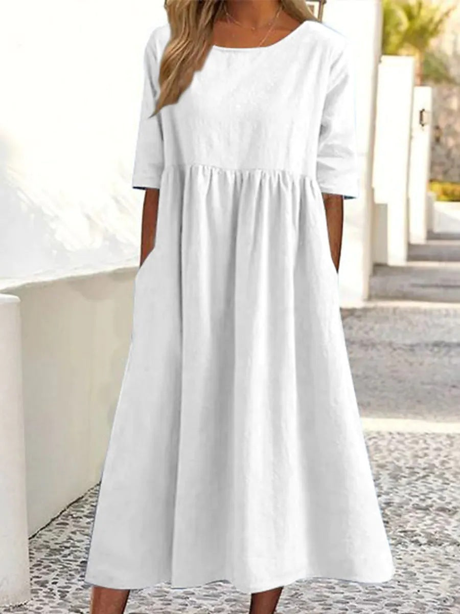 Casual Cotton Linen Short Sleeve Pocket Dress