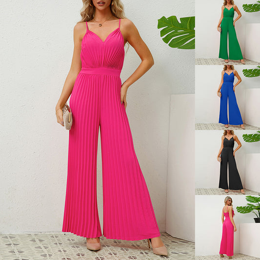 V-neck Suspender Pleated Jumpsuit