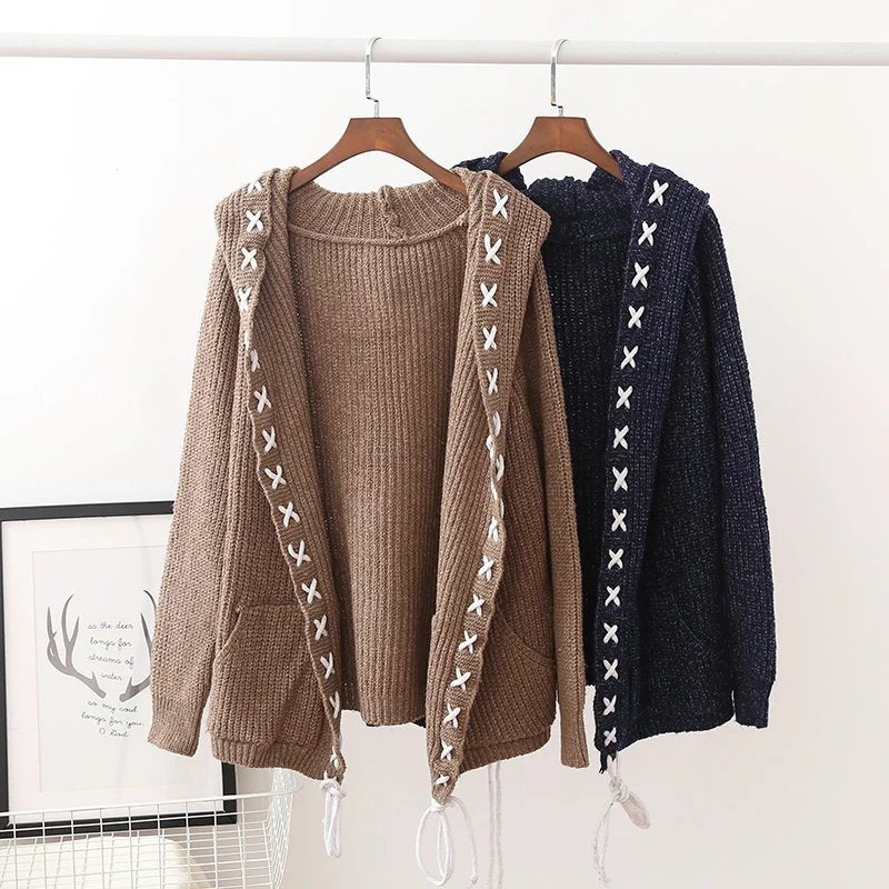 Women Hooded Tops Knitting Cardigan Sweater