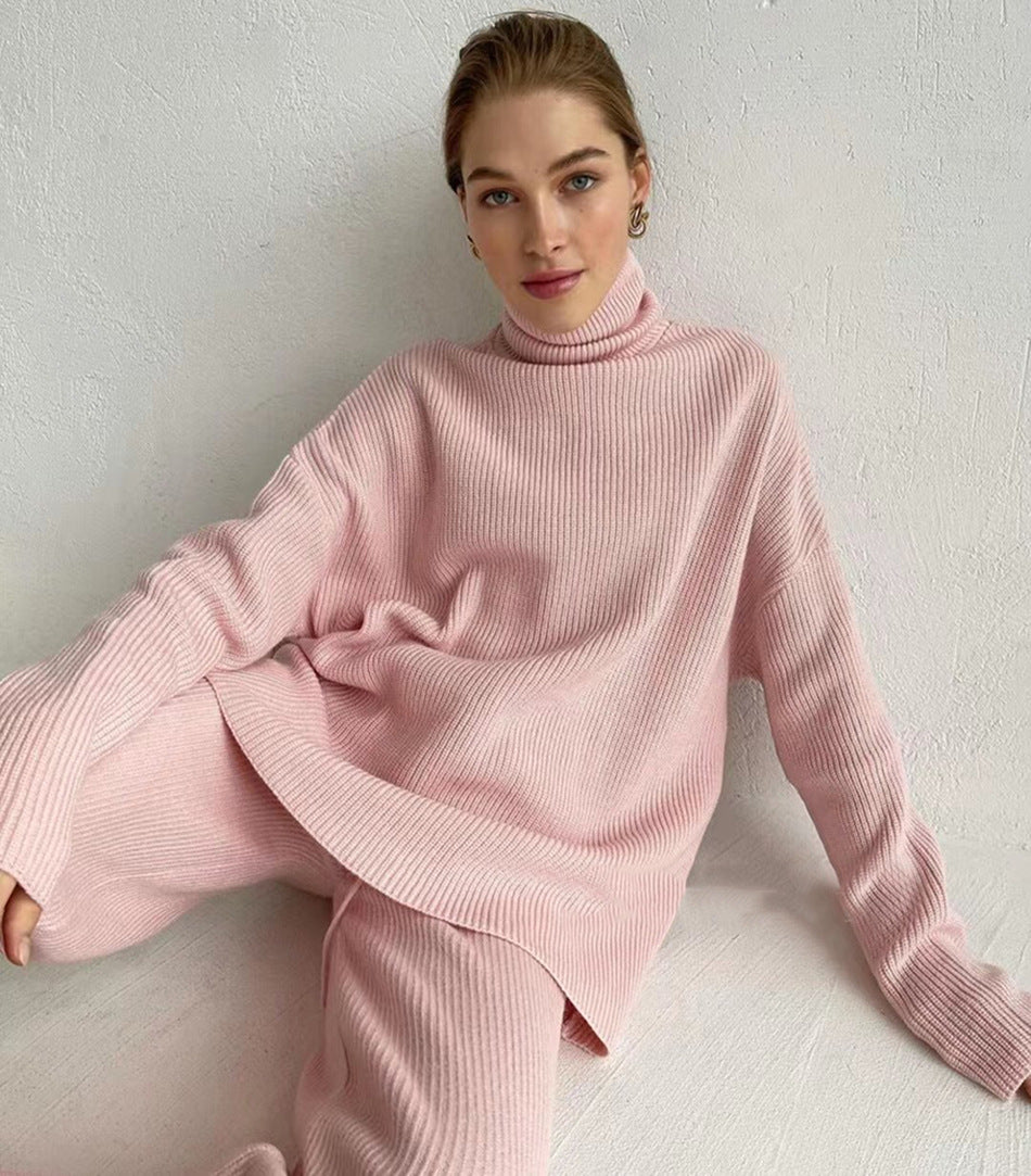 Casual Knitted Two-piece Turtleneck And Wide Leg Pants