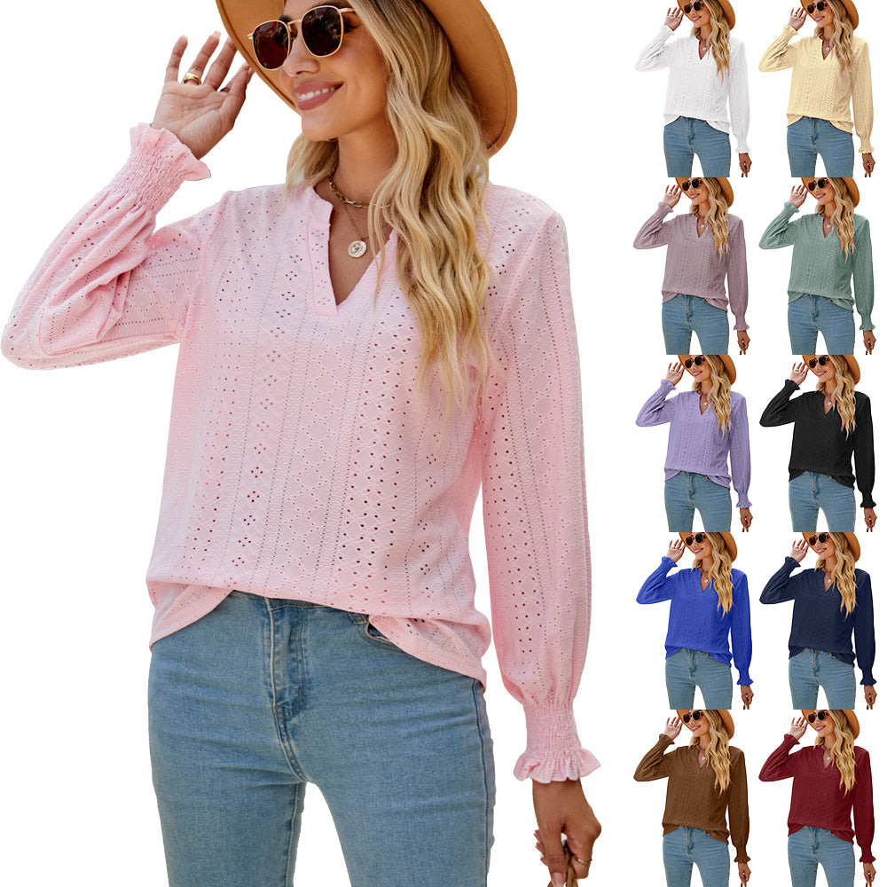 V-neck Loose Long Sleeve Tops