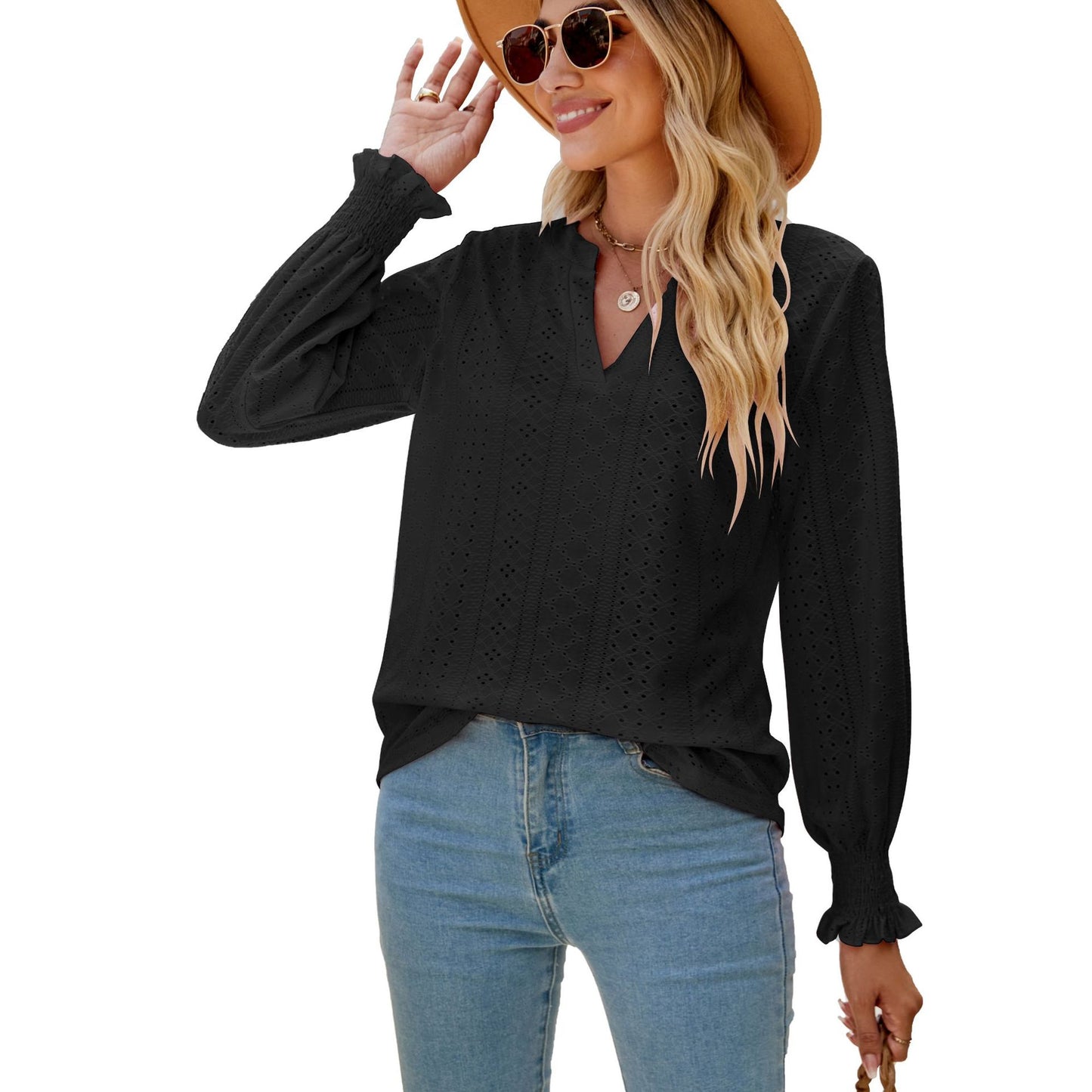 V-neck Loose Long Sleeve Tops