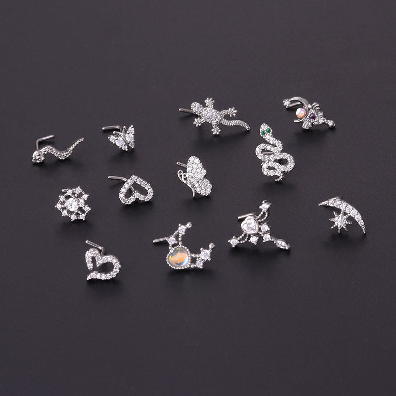 Titanium Screw Rod Zircon Nose Ring Piercing