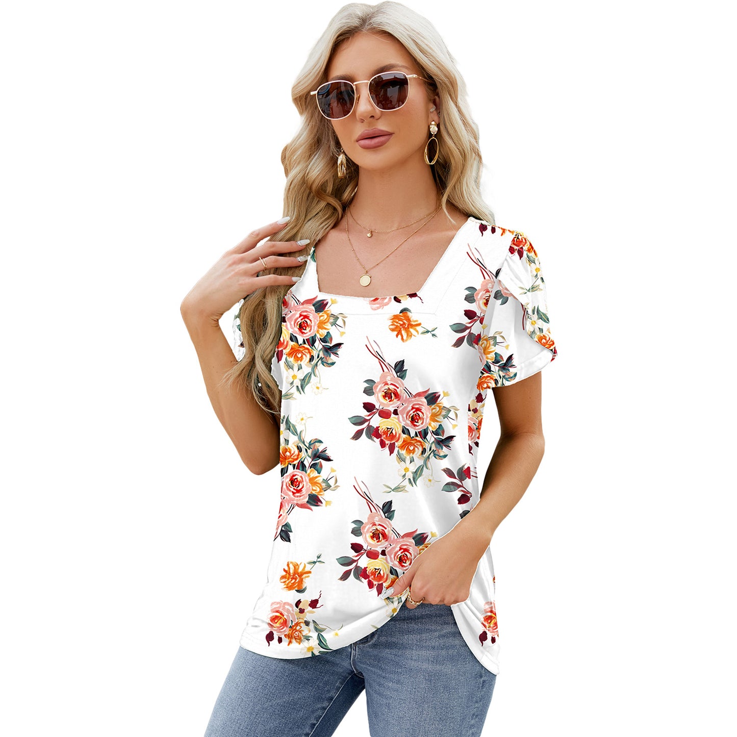 Square Neck Printed Short-sleeved T-shirt