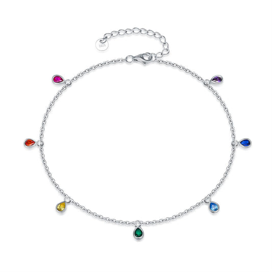 Sterling Silver Multi Color Oval Rainbow Anklet