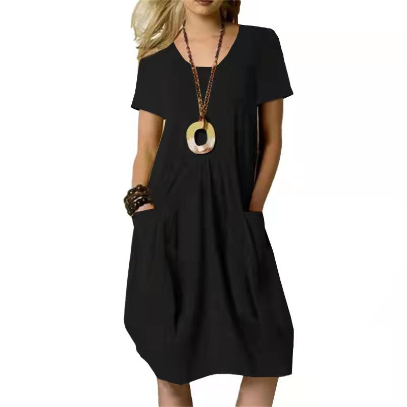 Solid Color Loose Round Neck Short Sleeve Dress