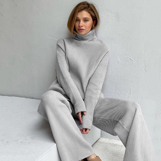 Casual Knitted Two-piece Turtleneck And Wide Leg Pants