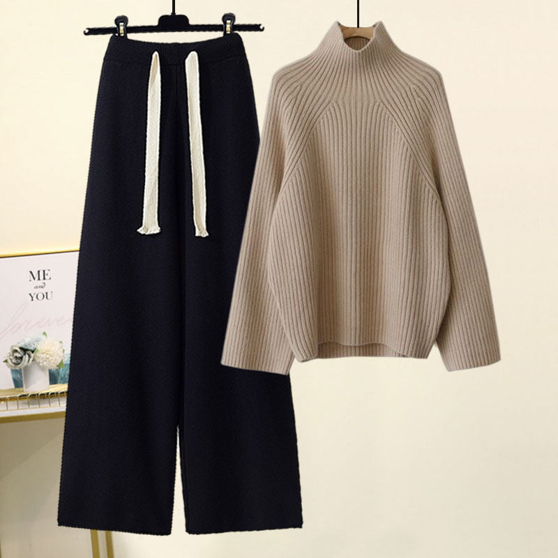 Thickened Coarse Knitwear Wide Leg Pants Two-piece Set