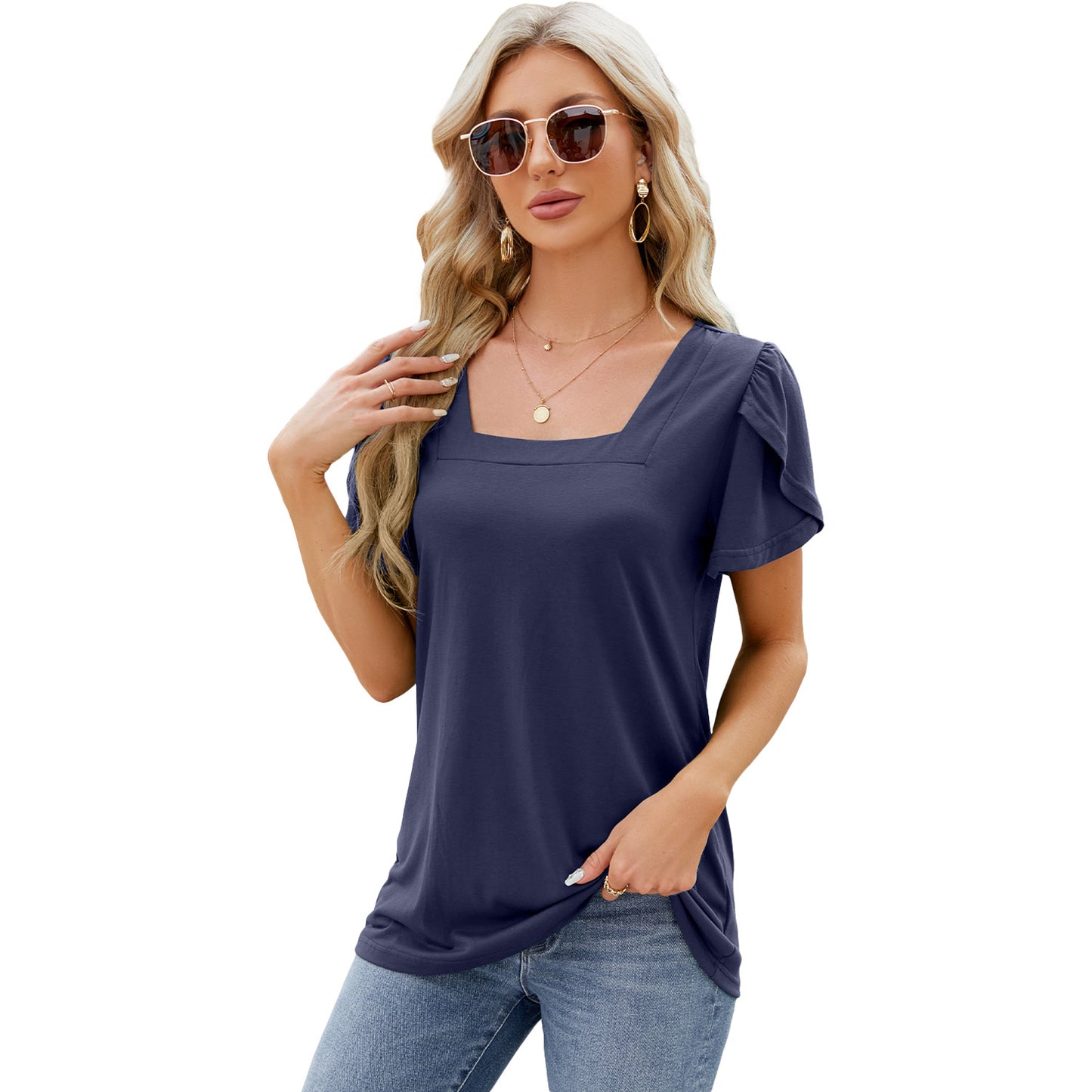 Square Neck Printed Short-sleeved T-shirt