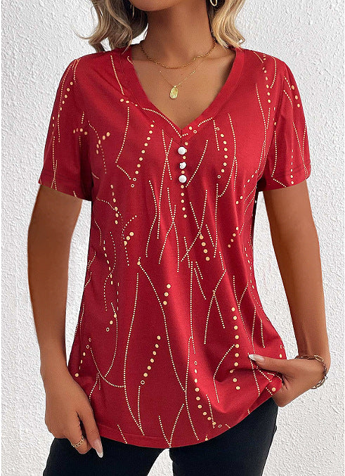 V-neck Printed Button T-shirt