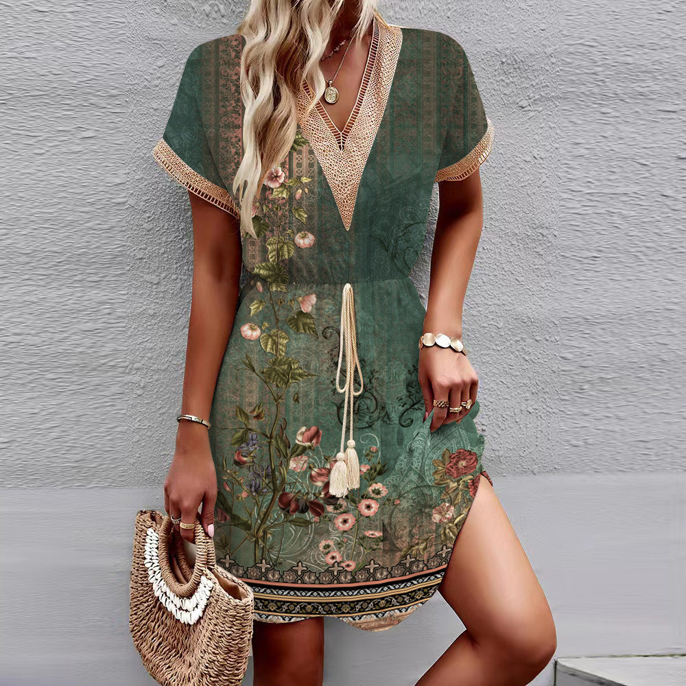 Printed Short Sleeve Lace V-neck Dress