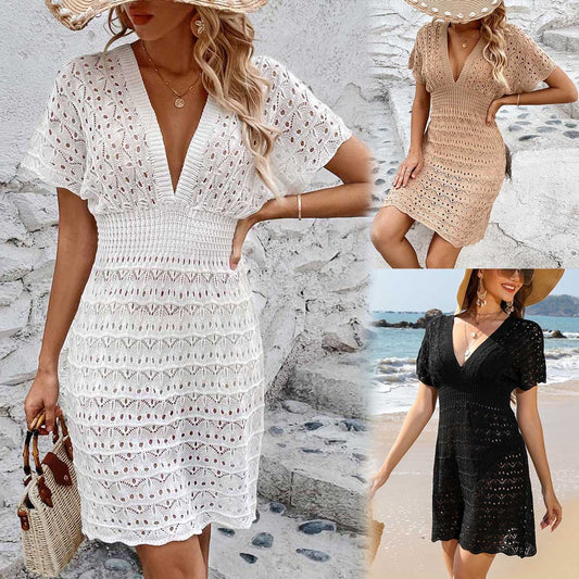 Deep V-neck Beach Dress Wave Pattern Hollow Out