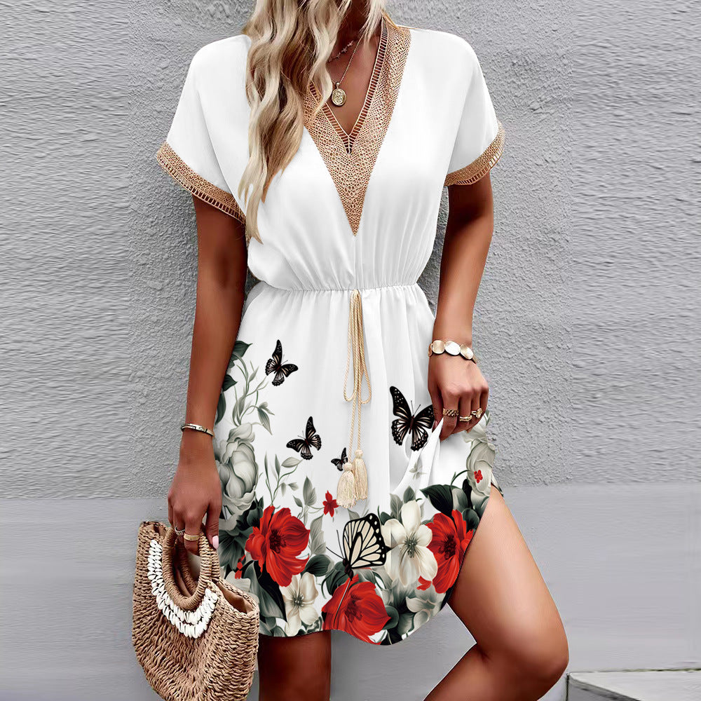 Printed Short Sleeve Lace V-neck Dress