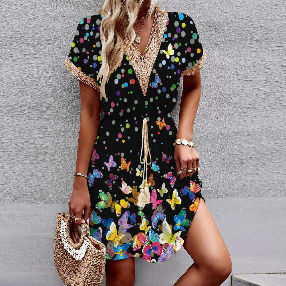 Printed Short Sleeve Lace V-neck Dress