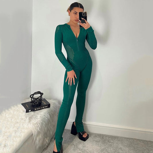 Versatile Striped Knit Long Sleeve Jumpsuit