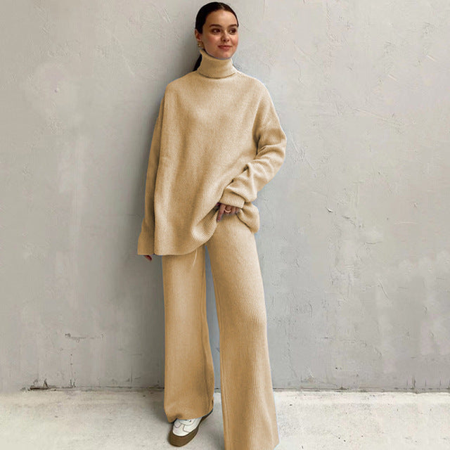 Casual Knitted Two-piece Turtleneck And Wide Leg Pants