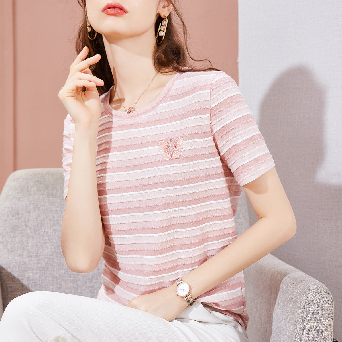 Striped T-shirt Round Neck