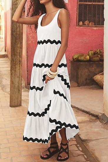 U-neck Wavy Print Long Dress Sleeveless