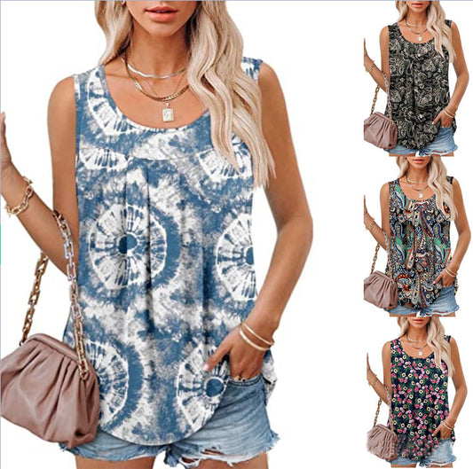 Round Neck Tank Sleeveless Tops Summer Loose Pleated Printed Vest Women