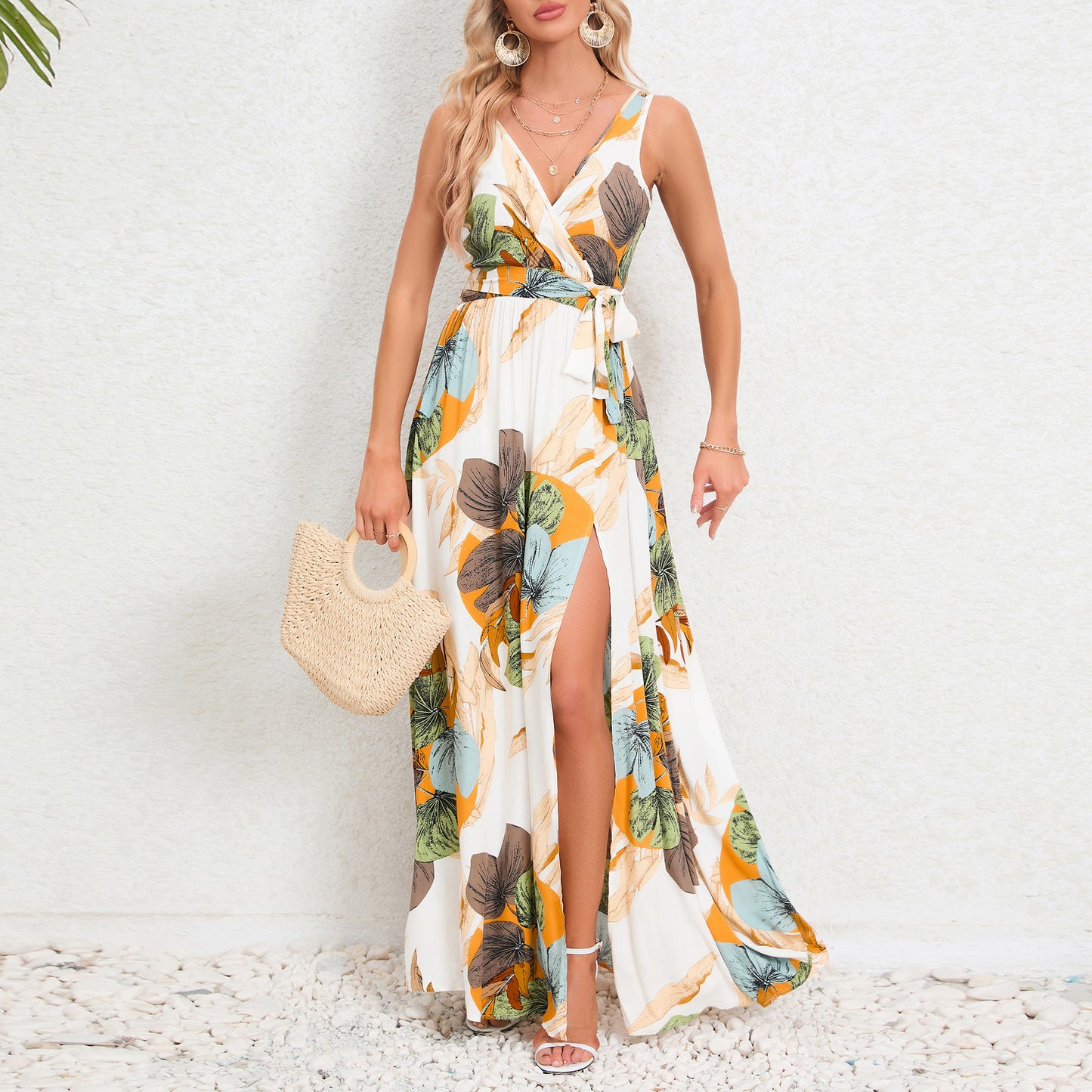 V-neck Floral Print Long Dress