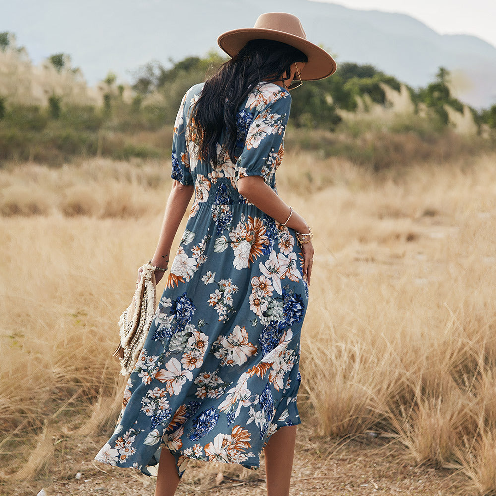 Floral Summer Beach Dress With V Neck