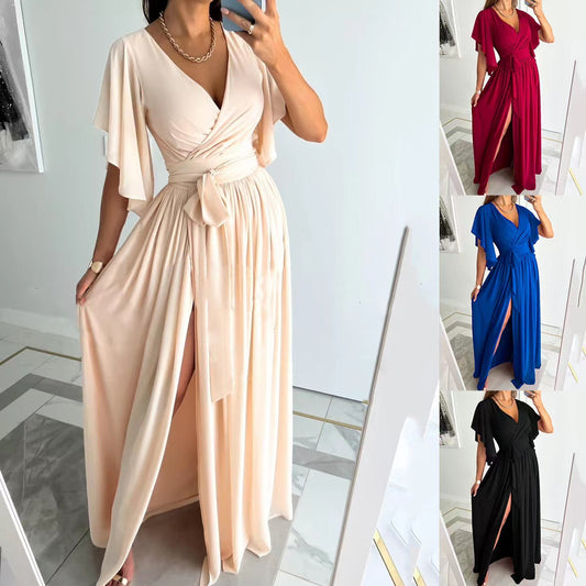 Solid Color Loose V-neck Mop Dress