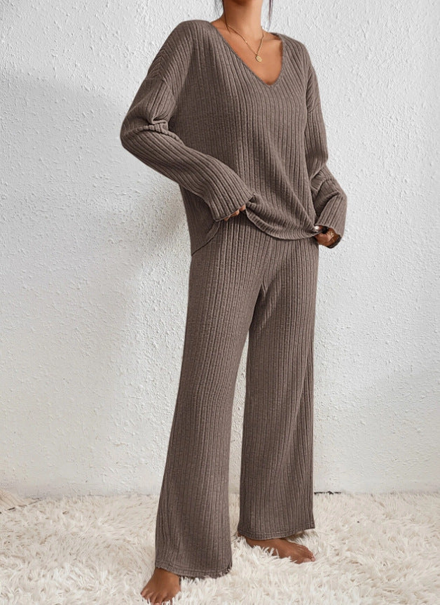 Knitted Round Neck Long-sleeved Trousers Wide-leg Pants