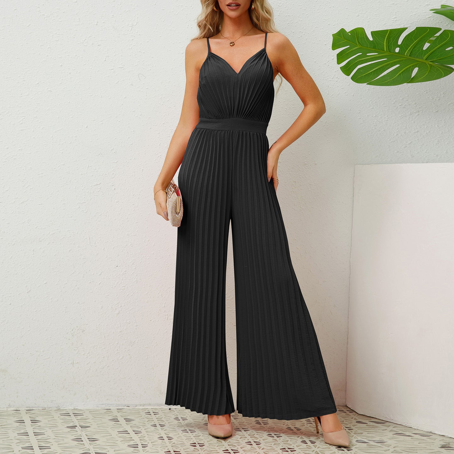 V-neck Suspender Pleated Jumpsuit