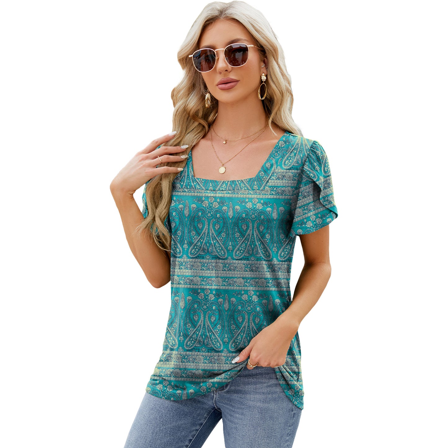 Square Neck Printed Short-sleeved T-shirt