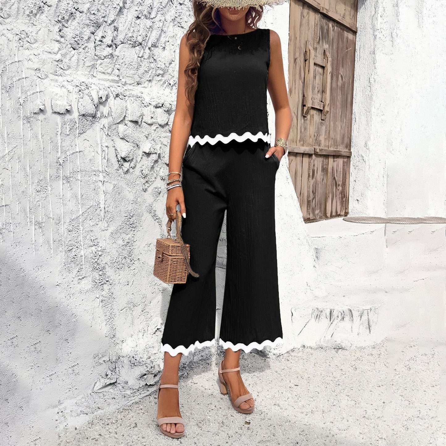 Summer Wave Print Suit Sleeveless Top And Straight Trousers