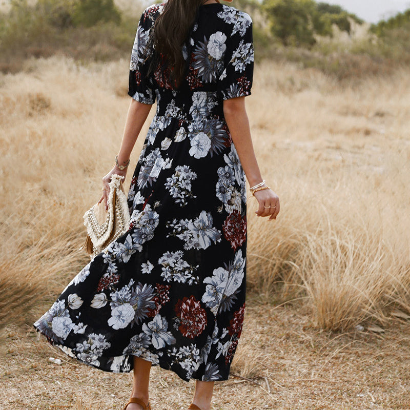 Floral Summer Beach Dress With V Neck