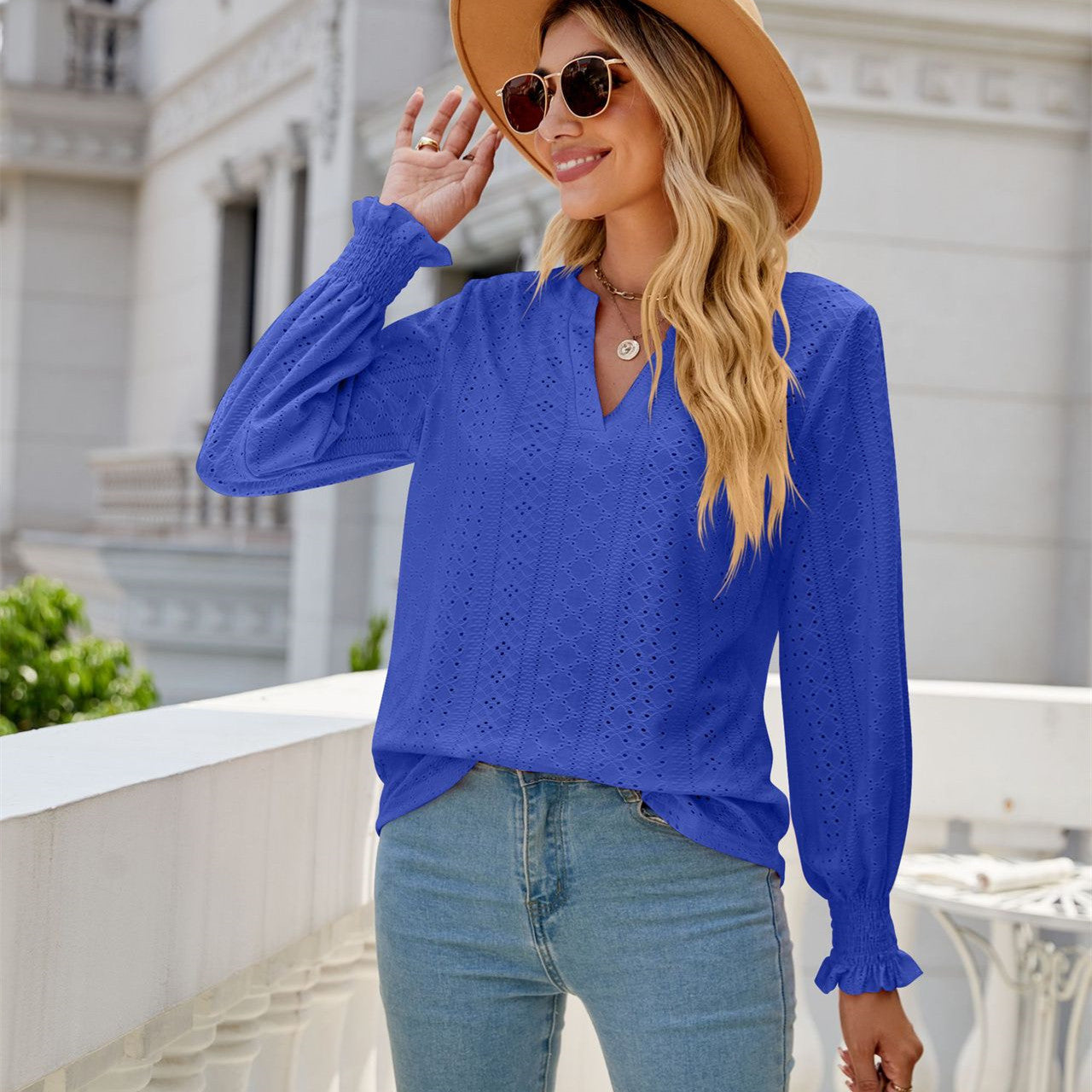 V-neck Loose Long Sleeve Tops