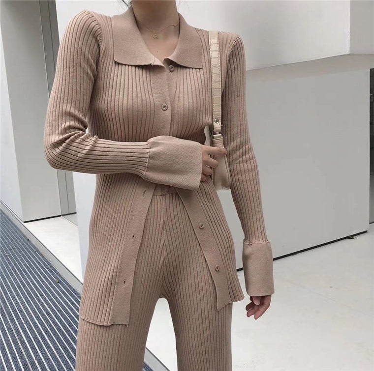 Long collar knitted top with pants