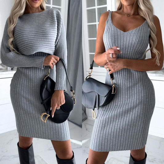 2pcs Suit  Solid Stripe Long-sleeved Top And Tight Suspender Skirt