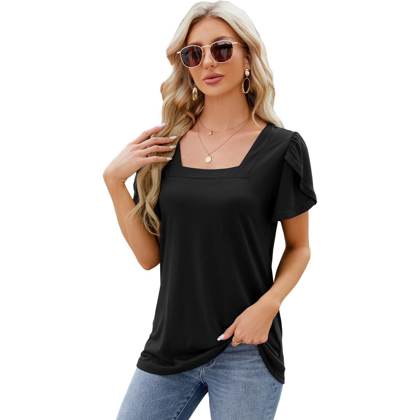 Square Neck Printed Short-sleeved T-shirt