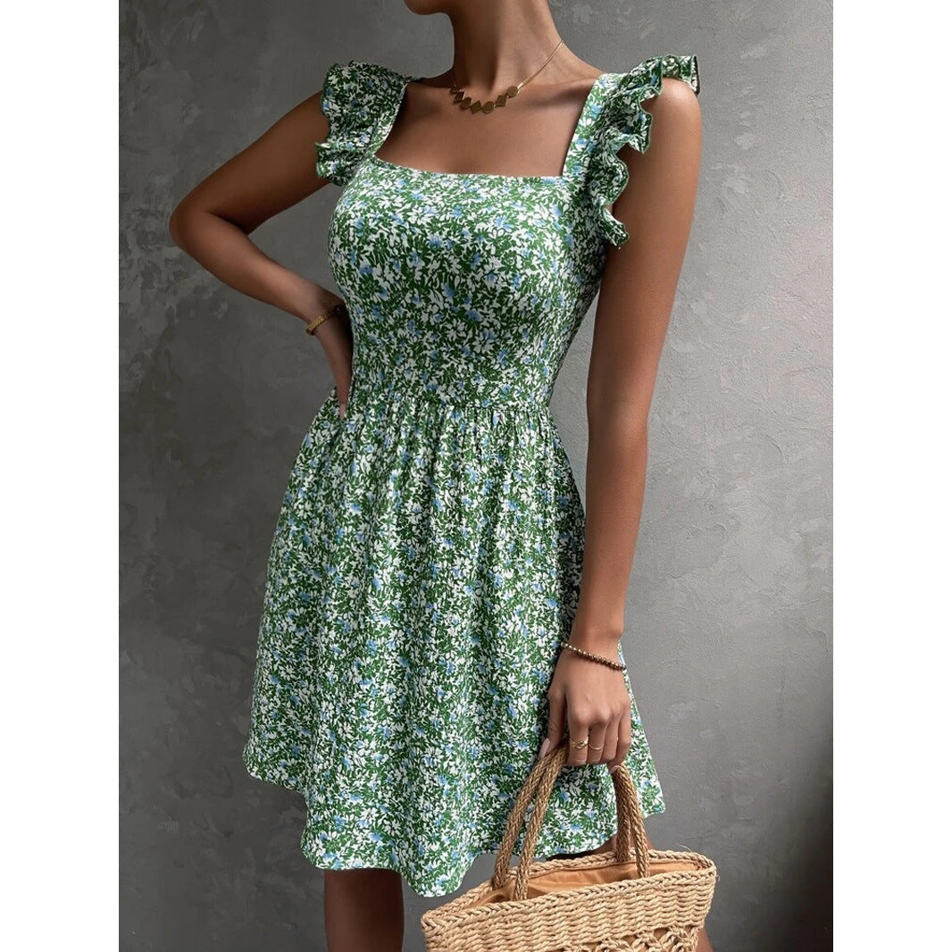 Square-neck Ruffled Sleeveless Dress With Bow-tie