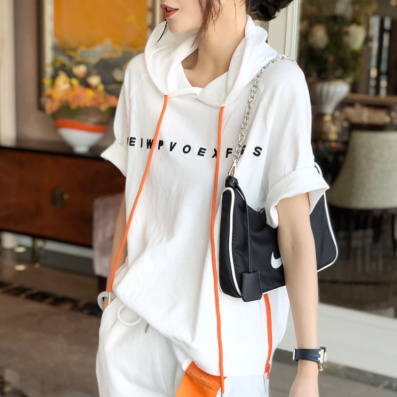 Loose Hooded T Shirt Short Sleeves