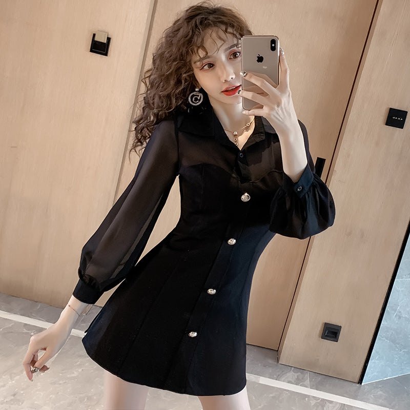 Women Chiffon Lantern Sleeve Splicing Shirt Dress