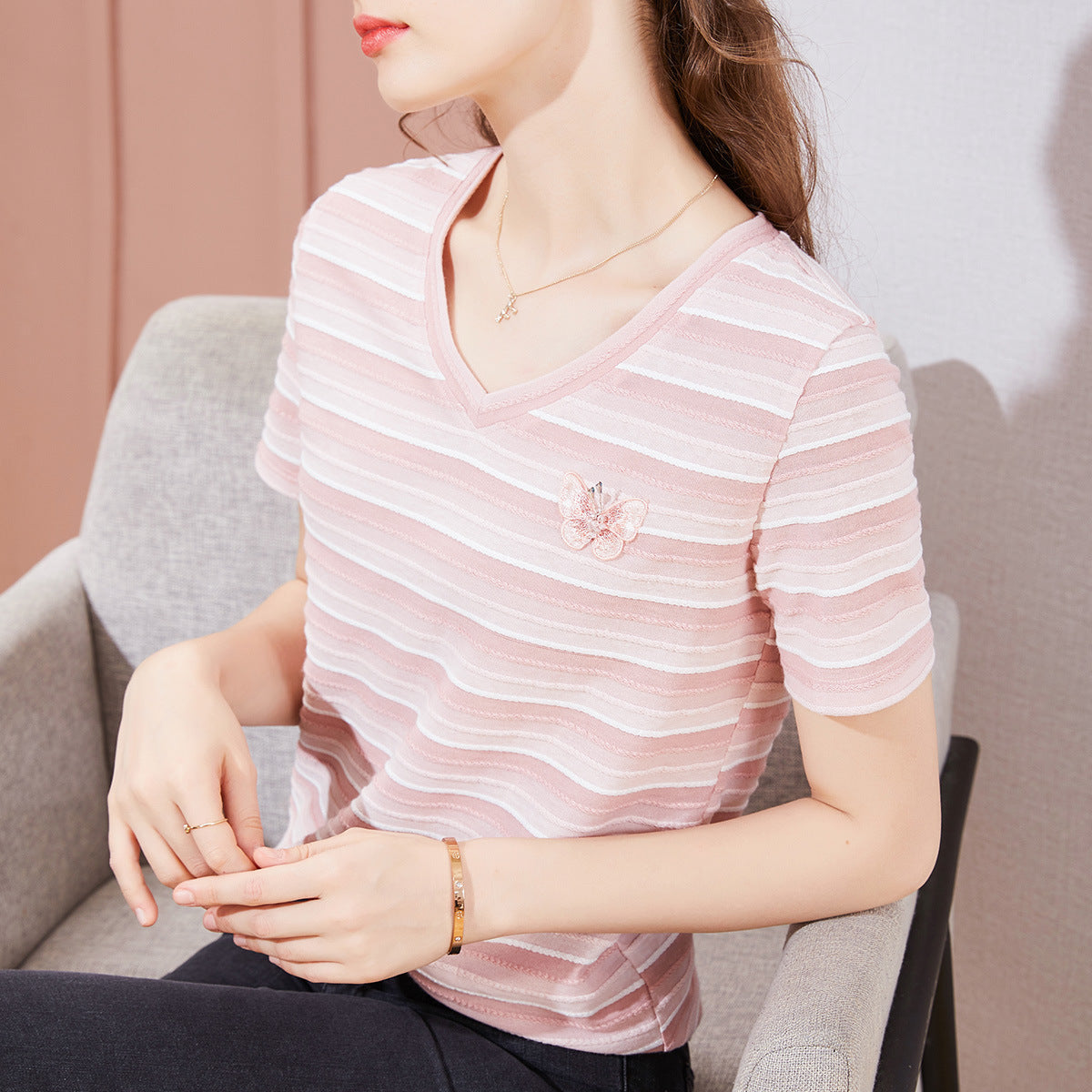 Striped T-shirt Round Neck