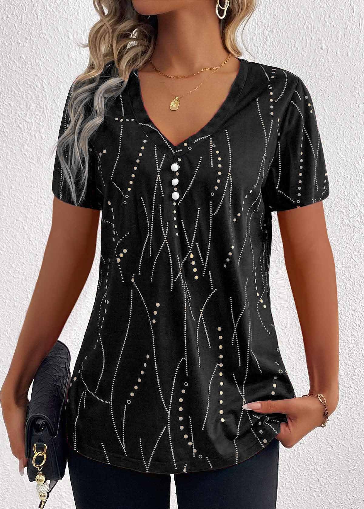 V-neck Printed Button T-shirt