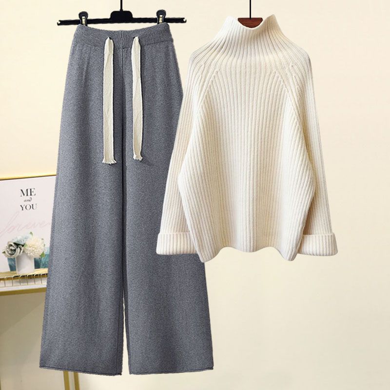 Thickened Coarse Knitwear Wide Leg Pants Two-piece Set