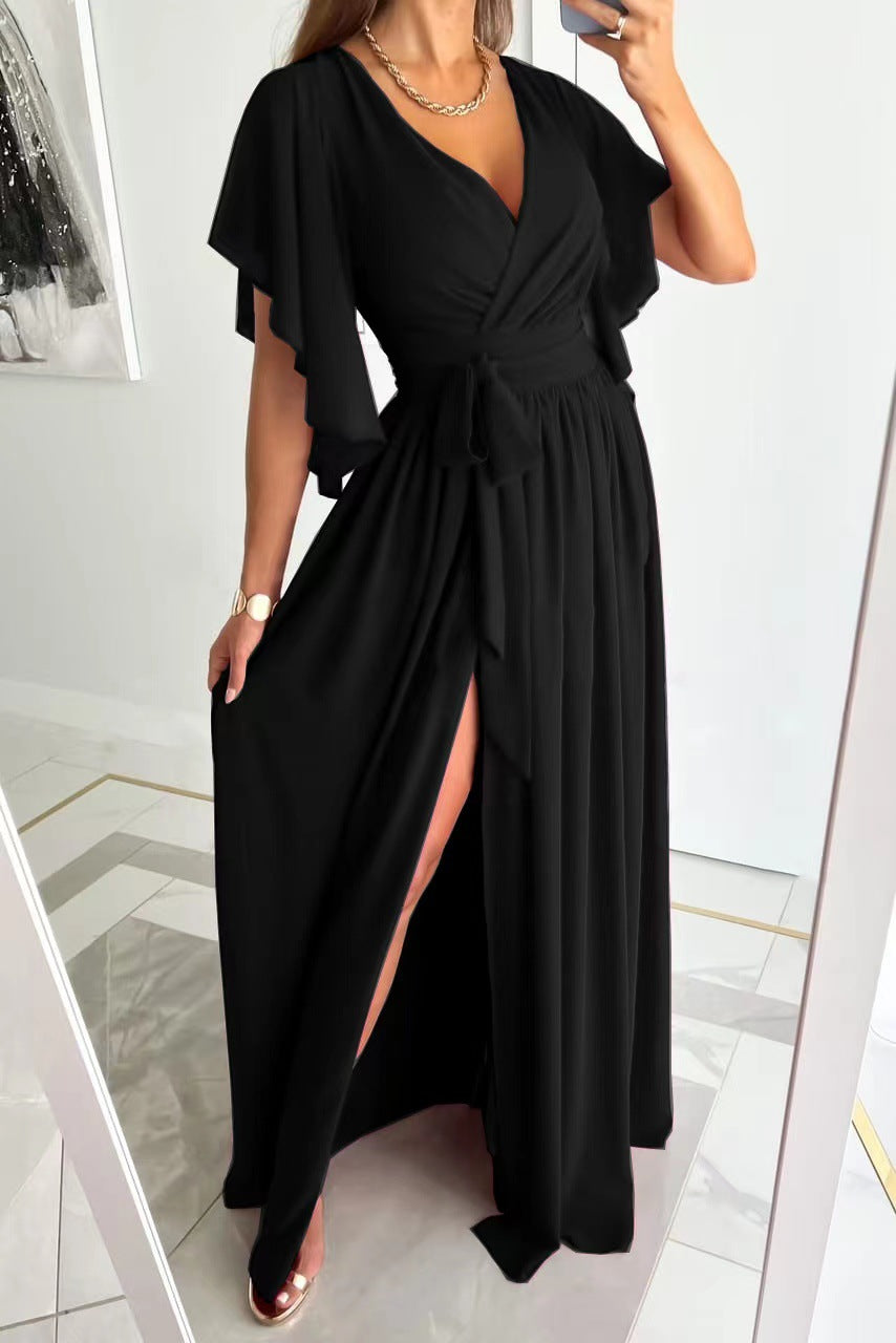 Solid Color Loose V-neck Mop Dress